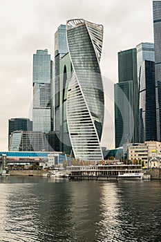 Several modern skyscrapers of the Moscow International Business Centre MIBC on the Moscow river embankment. Russia.